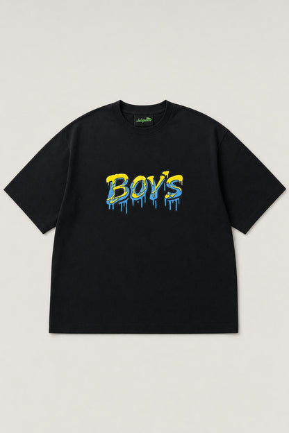 Boys graffiti oversized tee in black, flat lay