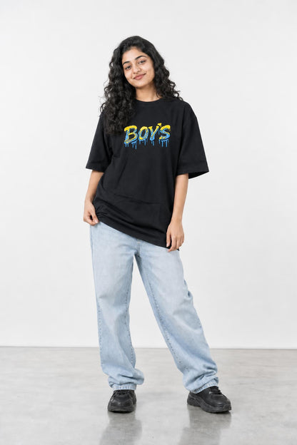 Boys graffiti oversized tee in black, front view on her