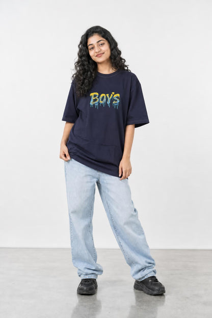 Boys graffiti oversized tee in navy, front view on her