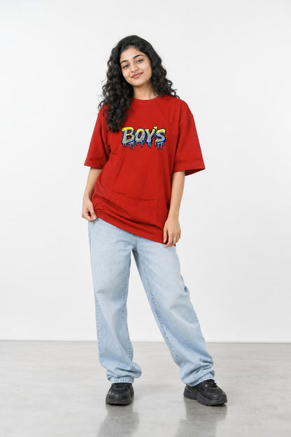 Boys graffiti oversized tee in red, front view on her