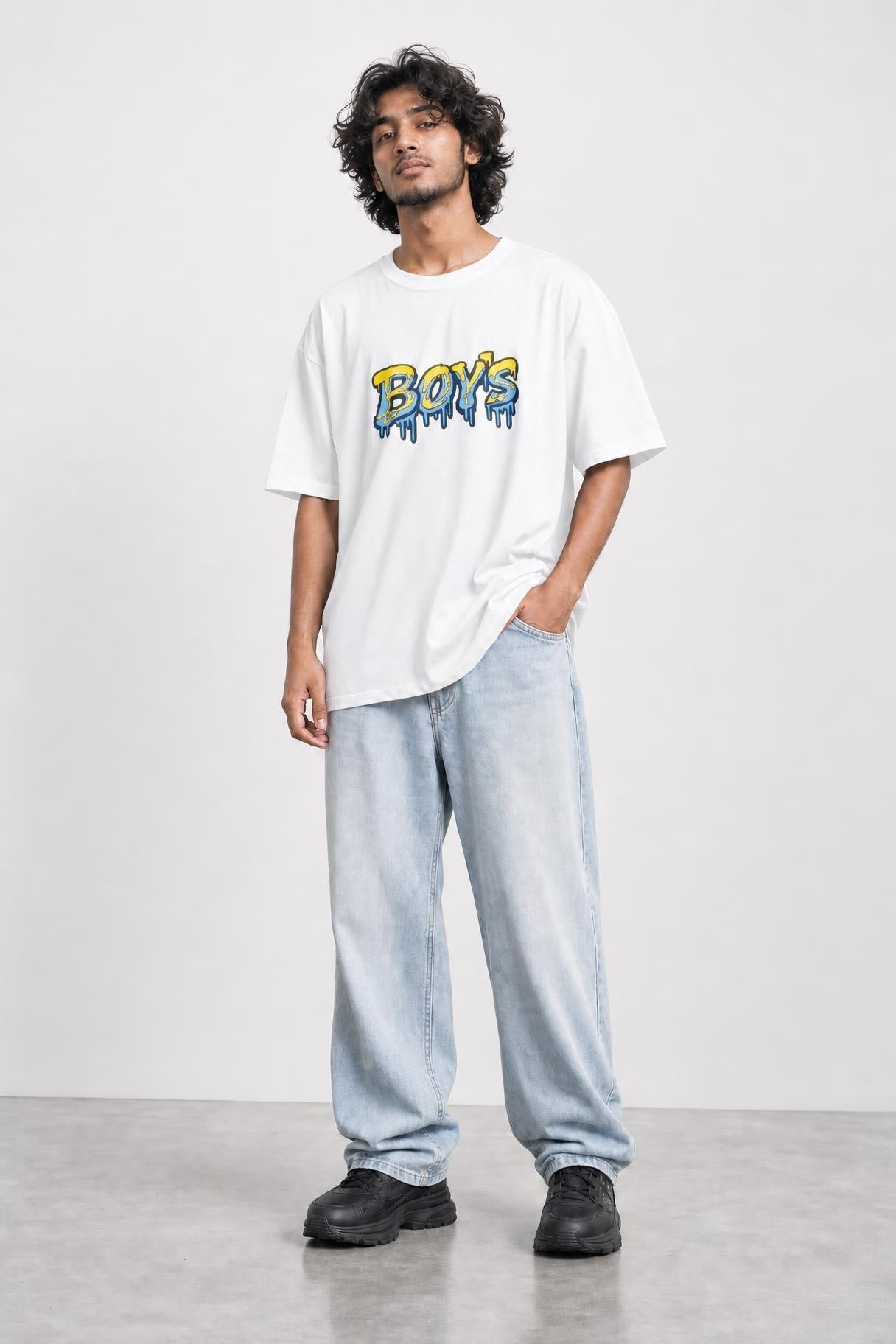 Boys graffiti oversized tee in white, front view on him