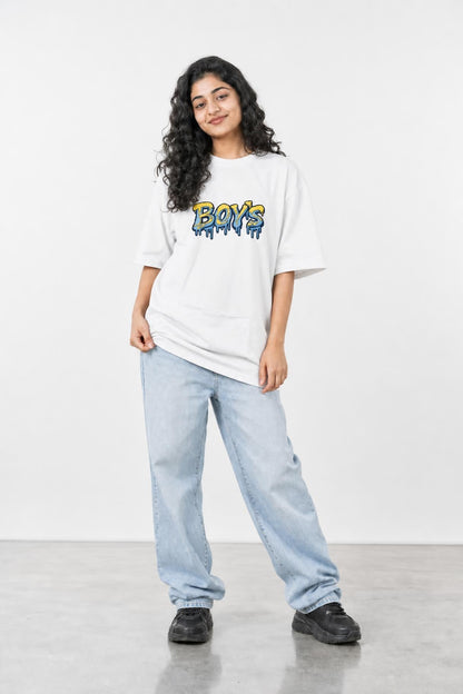 Boys graffiti oversized tee in white, front view on her