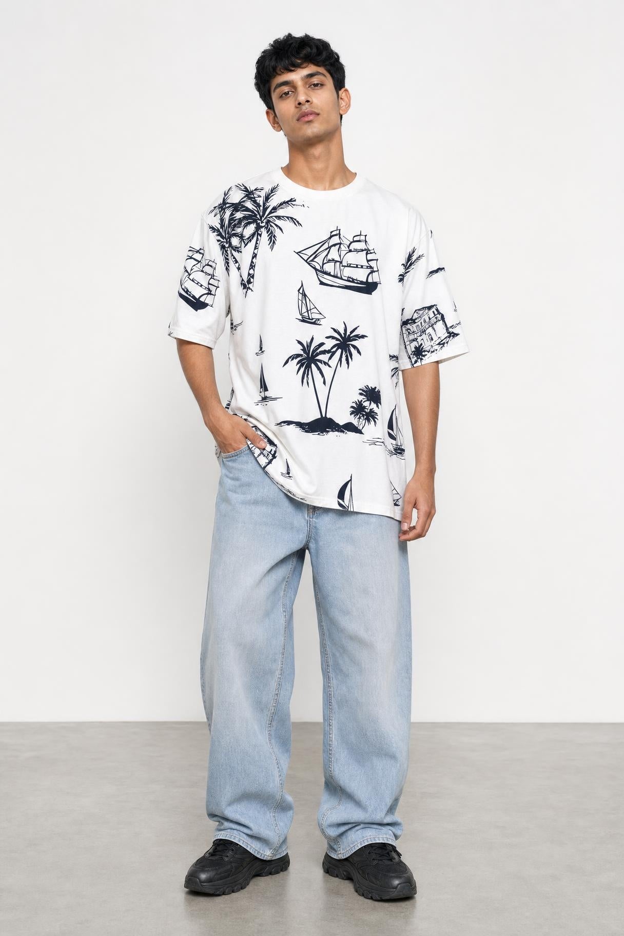 Goa tropical oversized tee in white, front view on him