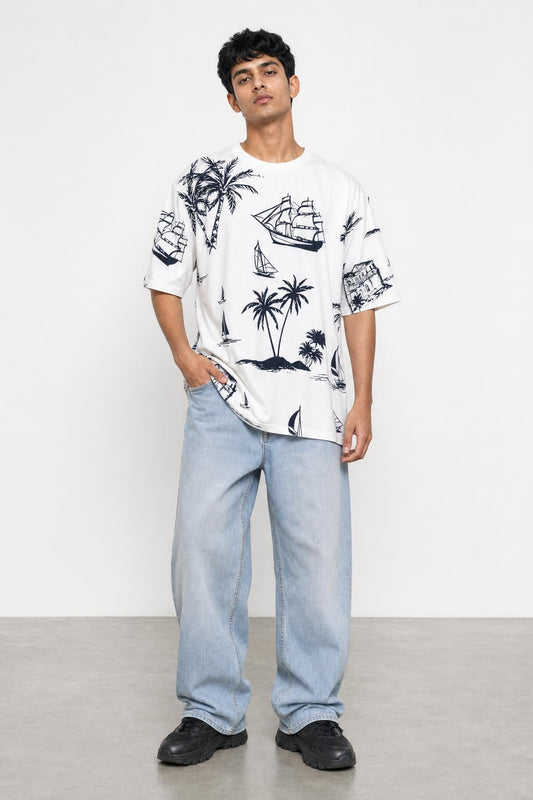 Goa tropical oversized tee in white, front view on him