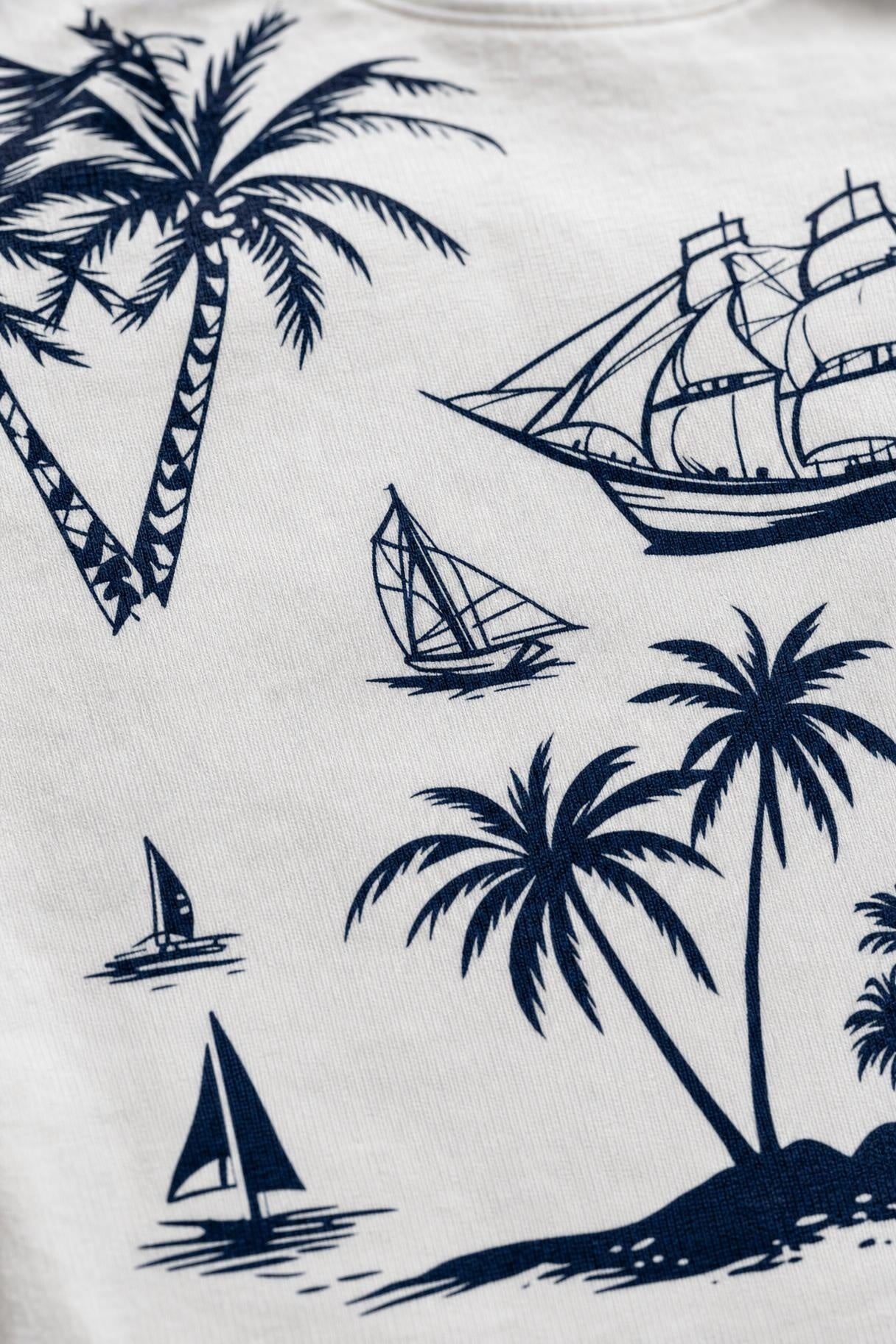 Close view of the navy tropical print on white cotton