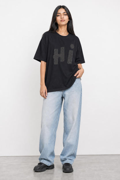 Hi glitter oversized tee in black, front view on her
