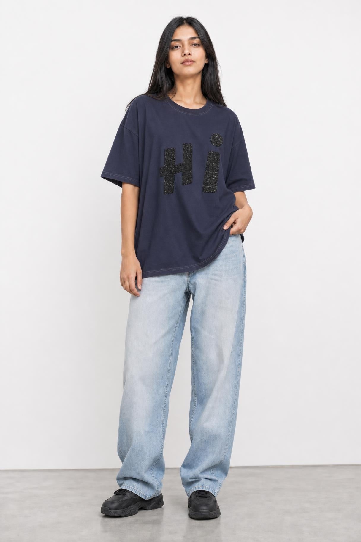 Hi glitter oversized tee in navy, front view on her