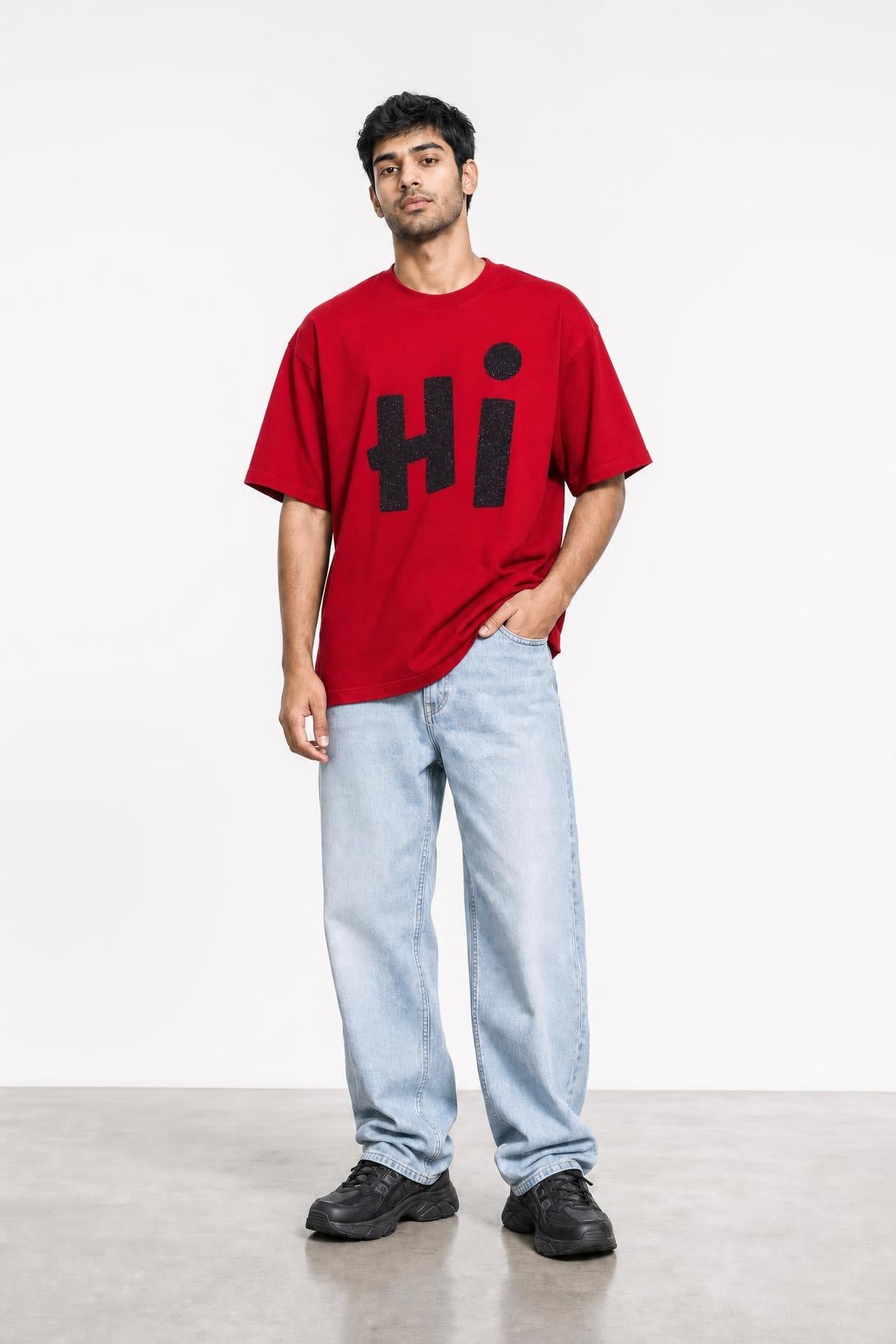 Hi glitter oversized tee in red, front view on him