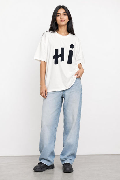 Hi glitter oversized tee in white, front view on her
