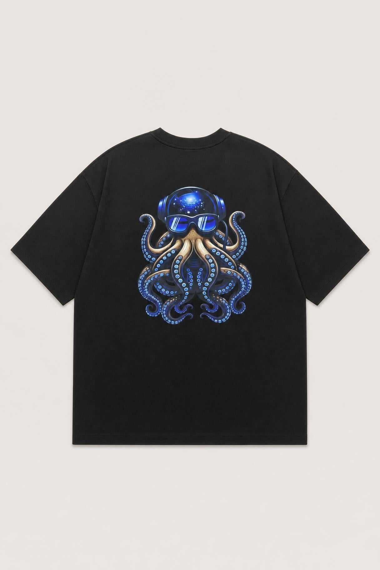 Octopus DJ oversized tee in black, back print flat lay