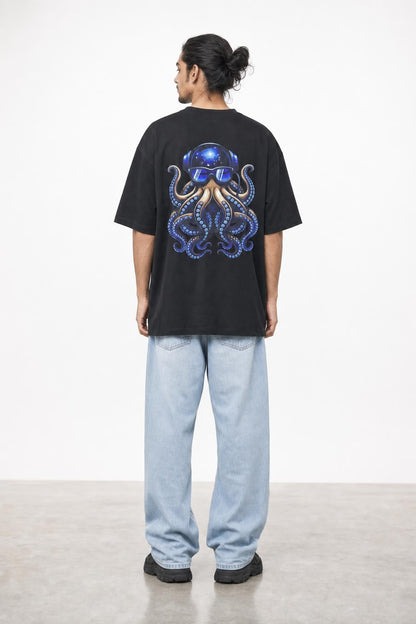 Octopus DJ oversized tee in black, back print view on him