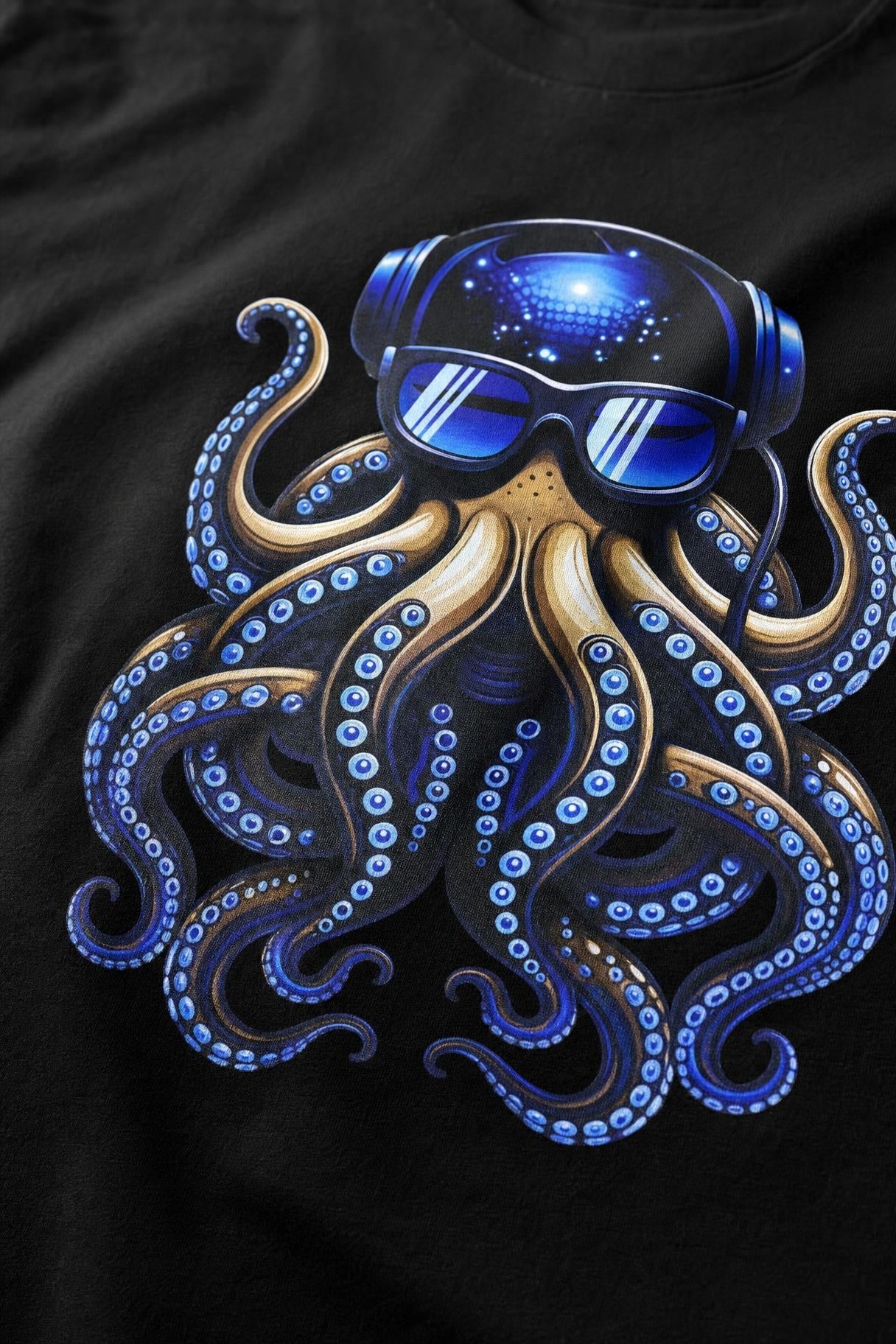 Close view of the octopus DJ back print on black cotton