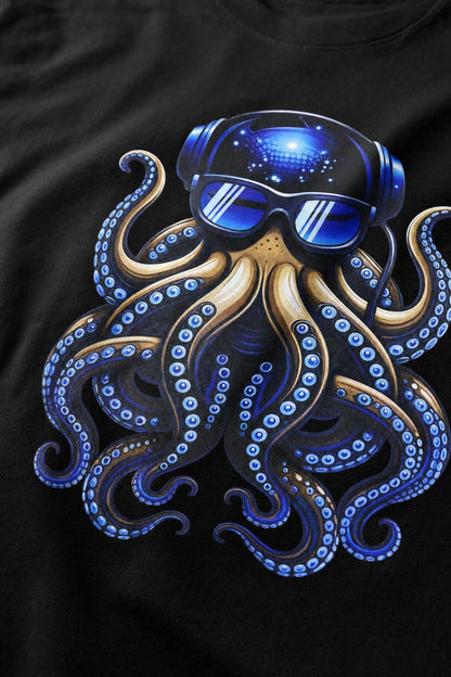 Close view of the octopus DJ back print on black cotton