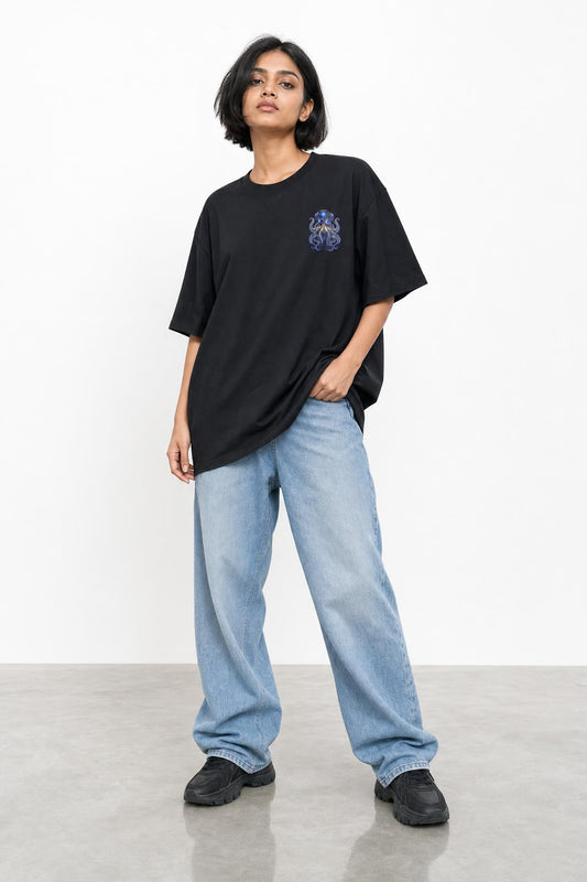 Octopus DJ oversized tee in black, front view on her