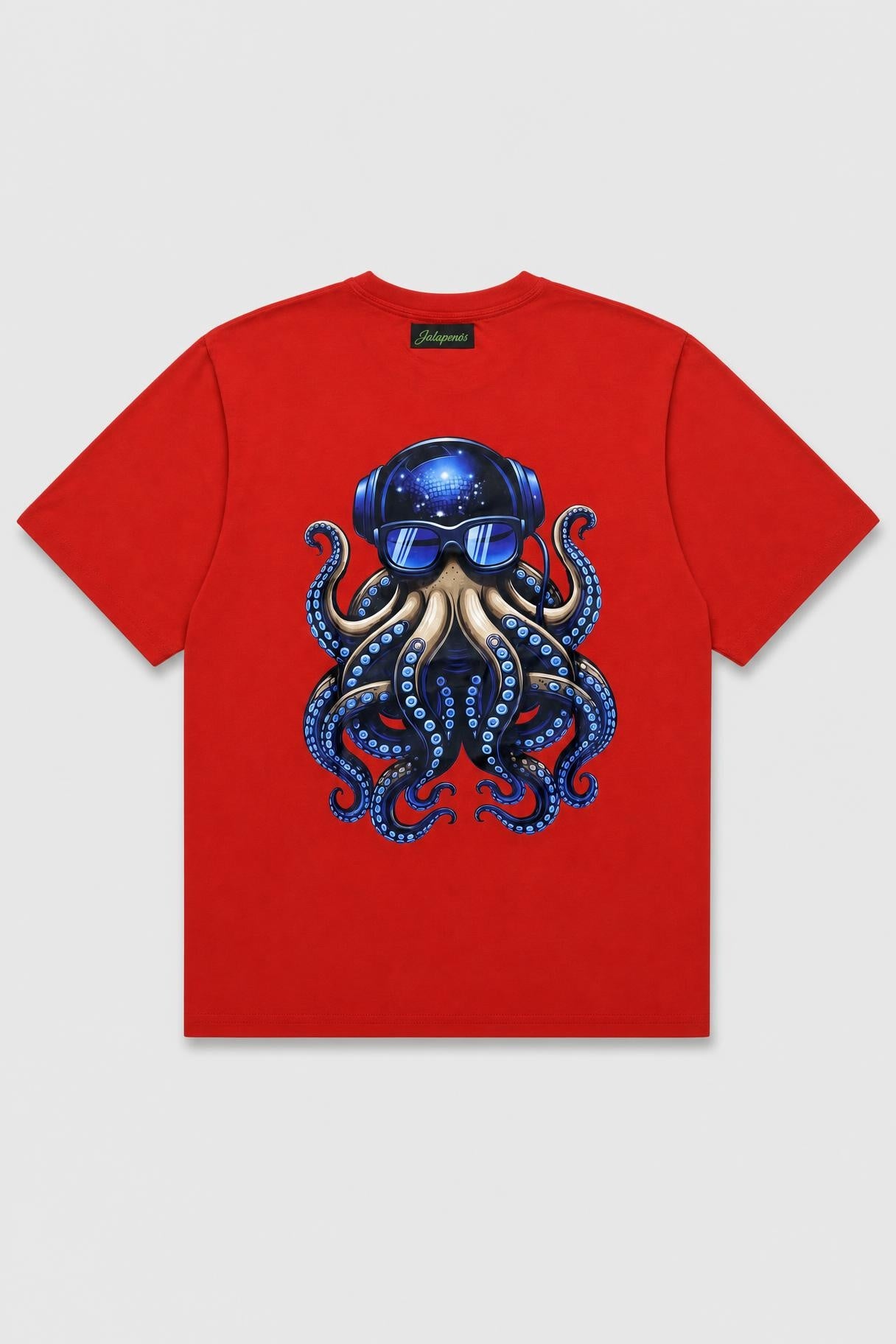 Octopus DJ oversized tee in red, back print flat lay