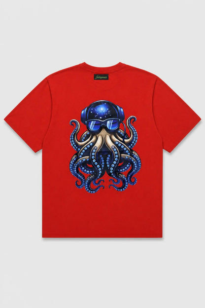 Octopus DJ oversized tee in red, back print flat lay