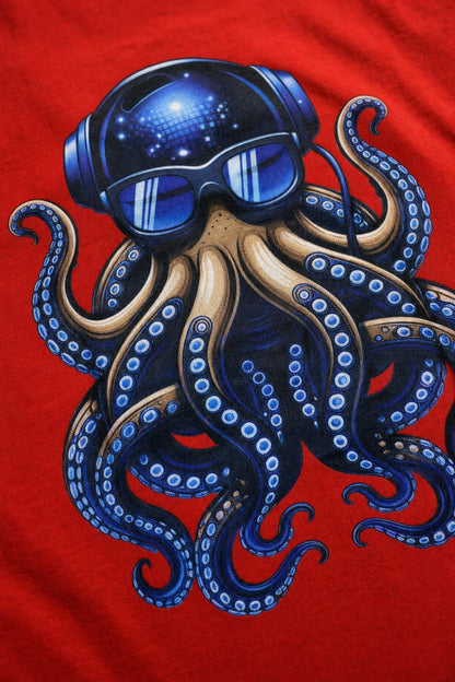 Close view of the octopus DJ back print on red cotton