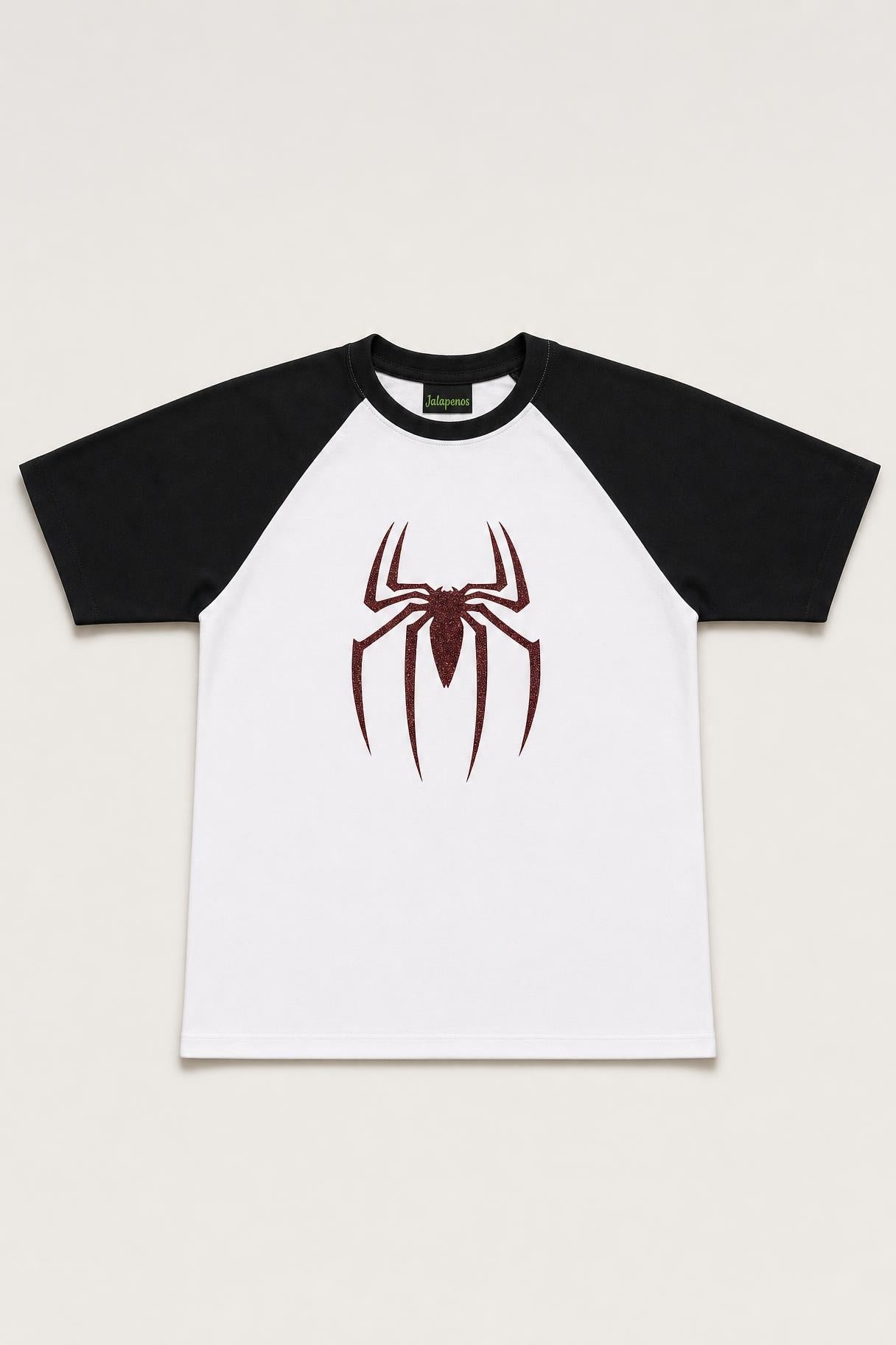 Spider glitter raglan tee with black sleeves, flat lay